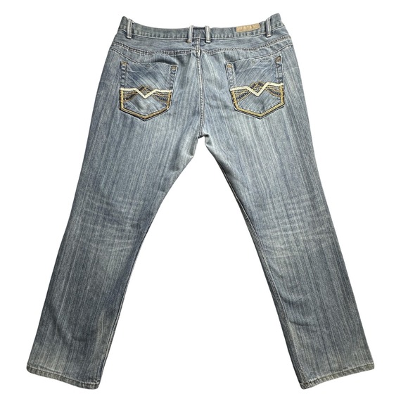 FUSAI Jeans Mens 42x32 Blue Straight Leg Distressed Embroidered Pockets Zip Fly - Picture 1 of 16